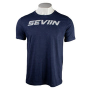 Navy t-shirt with a grey sparkly 'SEVIIN' logo on the chest.