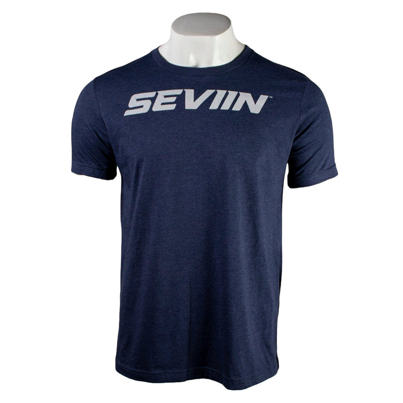 Navy t-shirt with a grey sparkly 'SEVIIN' logo on the chest.