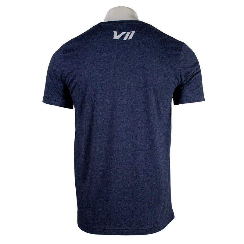Navy t-shirt with a "VII" logo on the back below the neck.