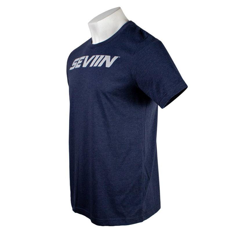 Side of a navy t-shirt with a grey 'SEVIIN' logo on the chest.