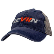 Navy blue and grey trucker cap with a grey and orange 'SEVIIN' logo on the front.