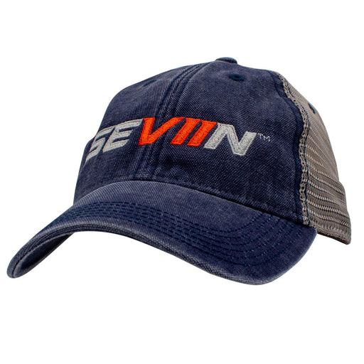Navy blue and grey trucker cap with a grey and orange 'SEVIIN' logo on the front.