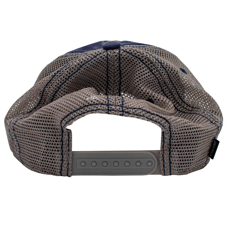 Back view of a gray mesh cap with a snapback closure.