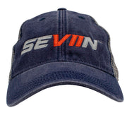 Navy blue trucker cap with a grey and orange 'SEVIIN' logo on the front.