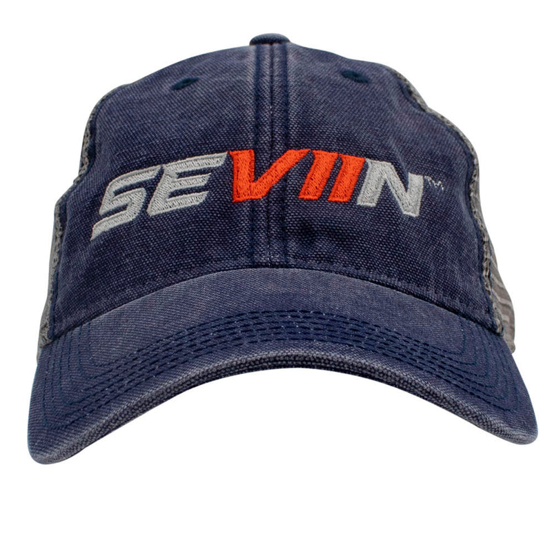 Navy blue trucker cap with a grey and orange 'SEVIIN' logo on the front.