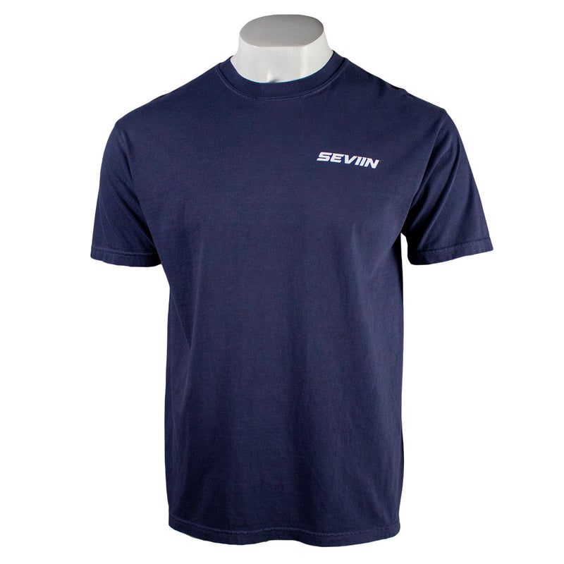 Navy blue t-shirt with 'SEVIIN' logo on the left chest.