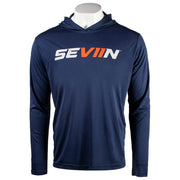 Navy hoodie with an orange and white 'SEVIIN' logo on the chest.