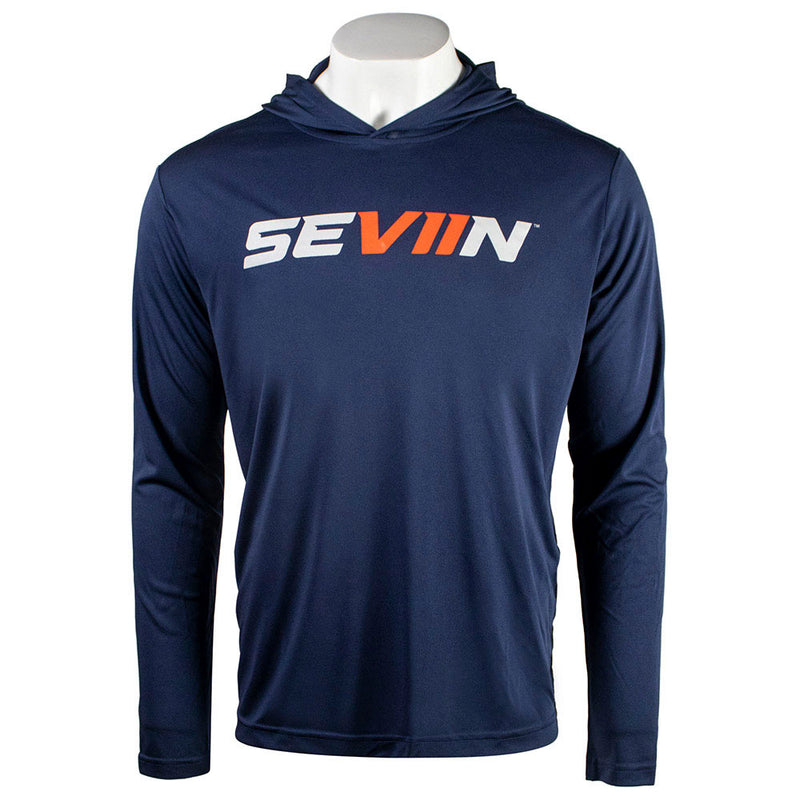 Navy hoodie with an orange and white 'SEVIIN' logo on the chest.