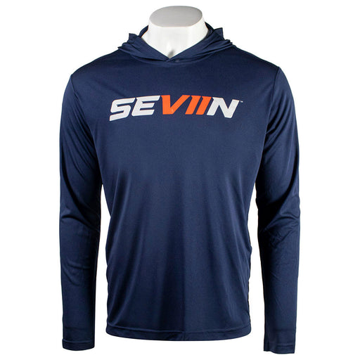 Navy hoodie with an orange and white 'SEVIIN' logo on the chest.