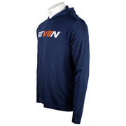 Side of a navy hoodie with an orange and white 'SEVIIN' logo on the chest.