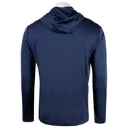 Back of a navy blue hoodie on a white background.