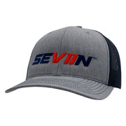 Gray cap with a navy and orange 'SEVIIIN' logo on front and a navy mesh back.