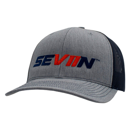 Gray cap with a navy and orange 'SEVIIIN' logo on front and a navy mesh back.