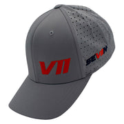 Side of a gray cap with an orange "VII" logo on the front left panel and a black and orange "SEVIIN" logo on the side.
