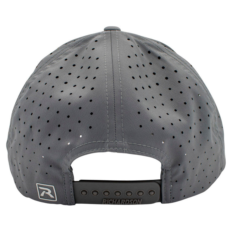 Gray cap with perforated design and a snapback strap.