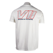 White t-shirt with red and black topographic patterned "VII" graphic on the back.