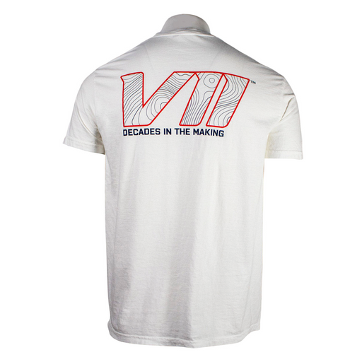 White t-shirt with red and black topographic patterned "VII" graphic on the back.