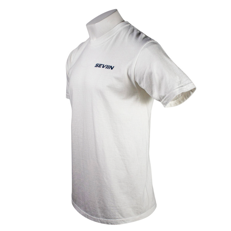 Side of a white t-shirt with a black 'SEVIIN' logo on the left chest.