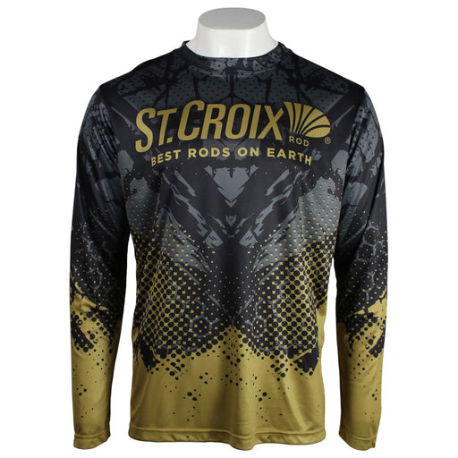 Front of a black and gold st. croix long sleeve jersey with the st. croix logo on the chest.