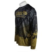Side of a black and gold st. croix long sleeve jersey.