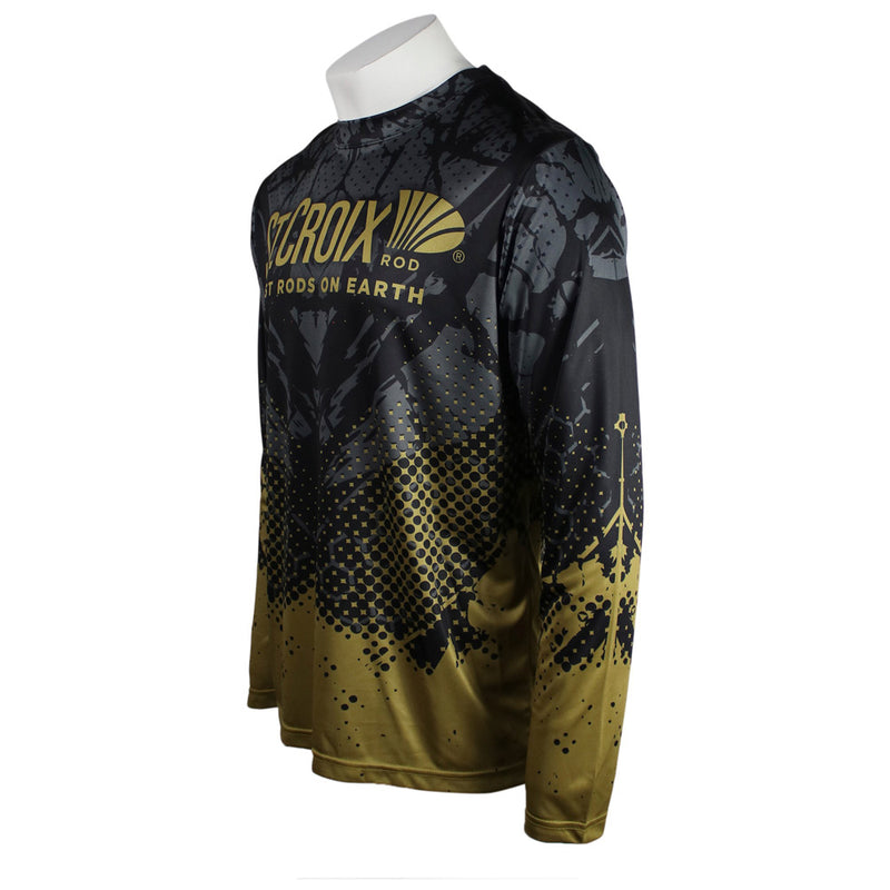Side of a black and gold st. croix long sleeve jersey.
