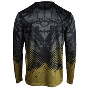 Back of a black and gold long sleeve jersey.