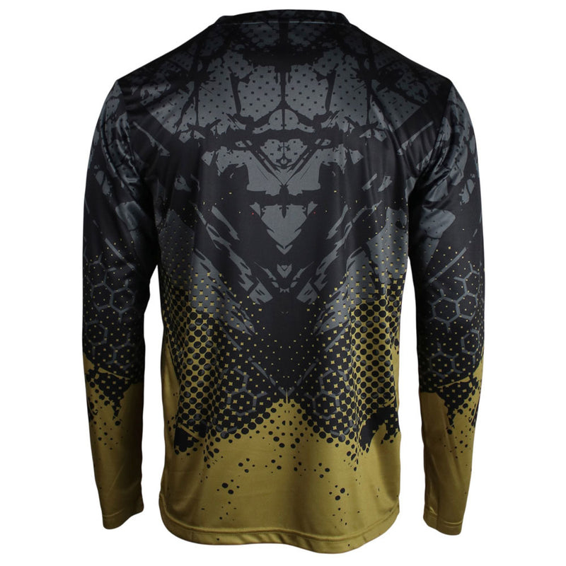 Back of a black and gold long sleeve jersey.