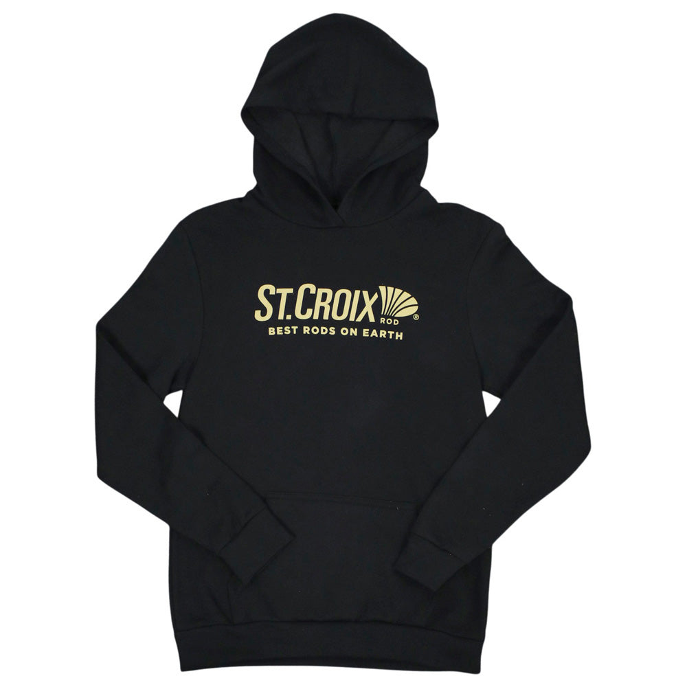 A black pullover hoodie with a gold graphic on the chest reading 'ST. CROIX RODS' and 'BEST RODS ON EARTH' with a small fan-like logo, shown on a plain white background.