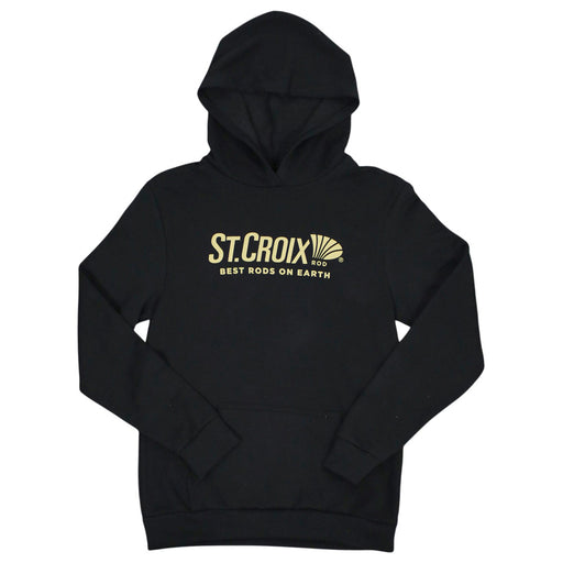 A black pullover hoodie with a gold graphic on the chest reading 'ST. CROIX RODS' and 'BEST RODS ON EARTH' with a small fan-like logo, shown on a plain white background.
