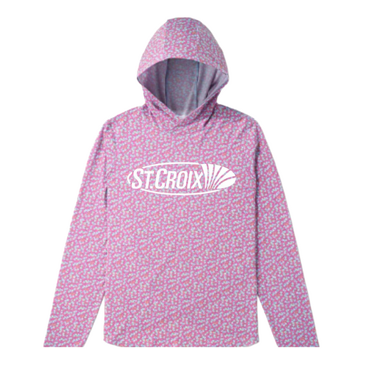 A pink and purple speckled long-sleeve hoodie with a white 'ST. CROIX' logo printed across the chest, displayed on a clean white background.
