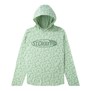A light green hooded sweatshirt with an all-over tonal leaf pattern and a dark green 'ST. CROIX' logo printed across the chest, displayed on a solid white background.