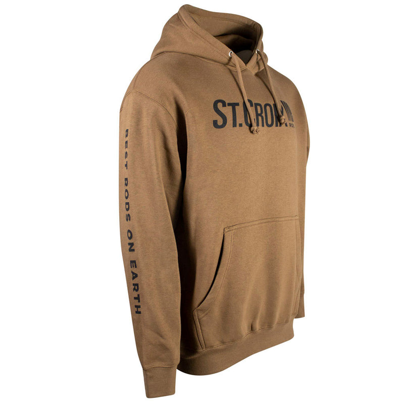 Right side of a brown hoodie with a black St. Croix Rod logo on the chest and the text "best rods on earth" on the sleeve.