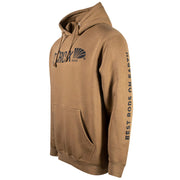 Left side of a brown hoodie with a black St. Croix Rod logo on the chest and the text "best rods on earth" on the sleeve.