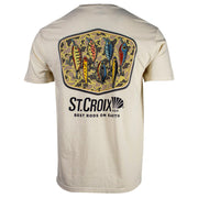 Back of a beige t-shirt with a camo St. Croix fishing lure graphic on the back