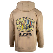 Beige hoodie with St. Croix fishing rod logo and a camo graphic of lures on the back.