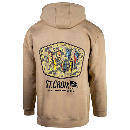 Beige hoodie with St. Croix fishing rod logo and a camo graphic of lures on the back.