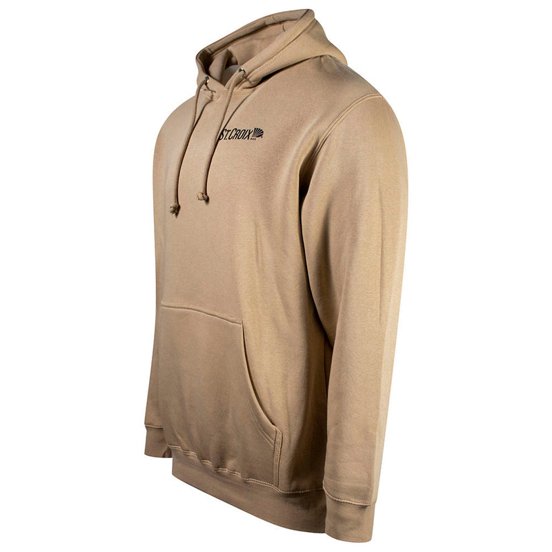 Side of a beige hoodie with a black St. Croix logo on the left chest.