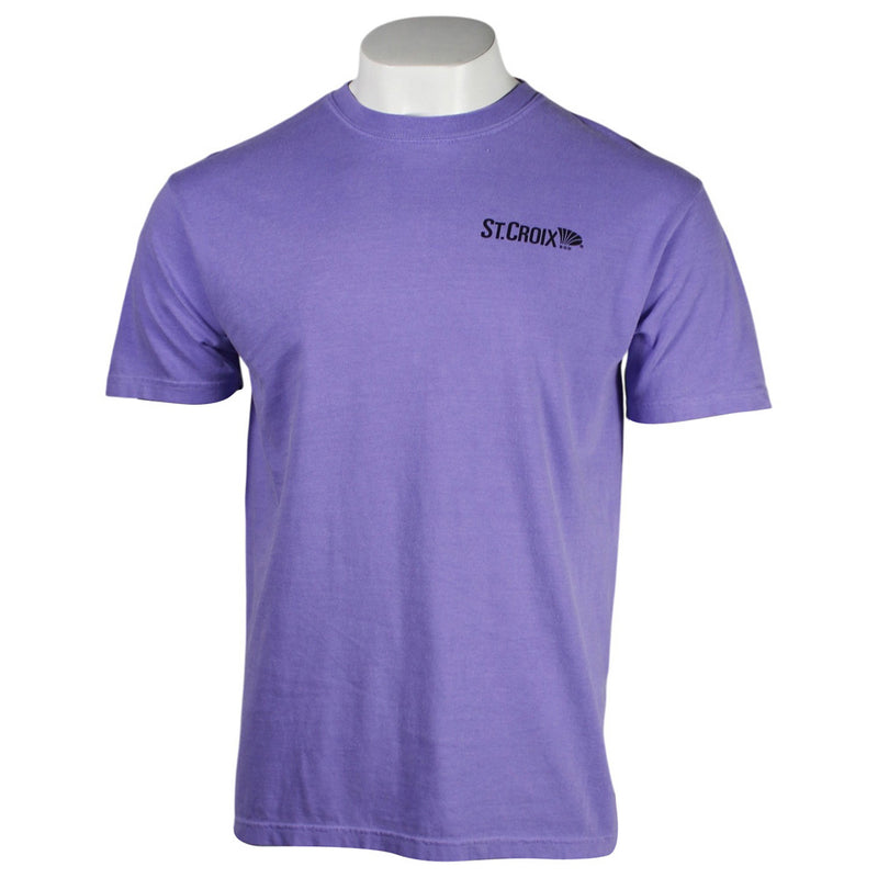 A short-sleeve crewneck t-shirt in a washed purple color, displayed on a white mannequin torso. The shirt features a small black 'St. Croix" logo on the left chest.