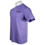 Side of a short-sleeve t-shirt in a washed purple color, featuring a small black logo on the left chest.