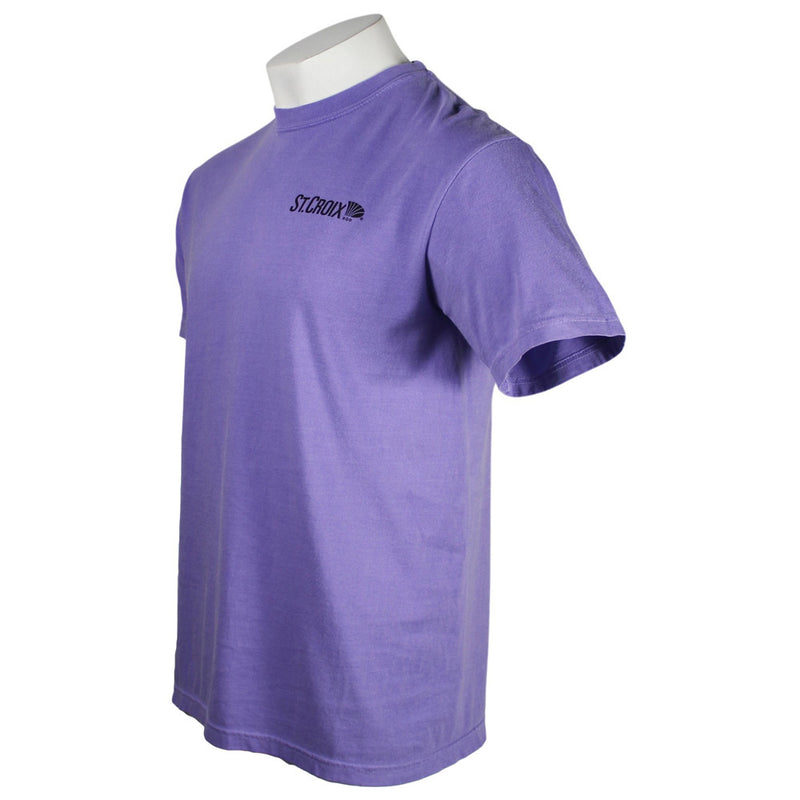 Side of a short-sleeve t-shirt in a washed purple color, featuring a small black logo on the left chest.
