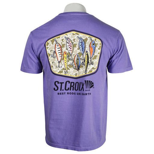A purple short-sleeve t-shirt shown from the back on a mannequin torso, featuring a large graphic print of fishing lures and the text 'ST. CROIX ROD' and 'BEST RODS ON EARTH'.