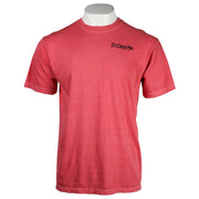 A short-sleeve crewneck t-shirt in a washed coral-red color, displayed on a white mannequin torso. The shirt features a small black 'St. Croix" logo on the left chest.