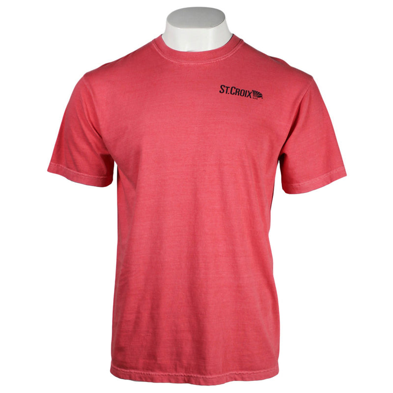 A short-sleeve crewneck t-shirt in a washed coral-red color, displayed on a white mannequin torso. The shirt features a small black 'St. Croix" logo on the left chest.