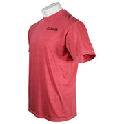 Side of a short-sleeve t-shirt in a washed coral-red color, featuring a small black logo on the left chest.