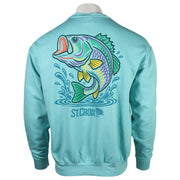 A light blue-green crewneck sweatshirt shown from the back on a mannequin, featuring a large graphic of a jumping bass in green, purple, yellow, and orange, with the text 'ST. CROIX' printed below.