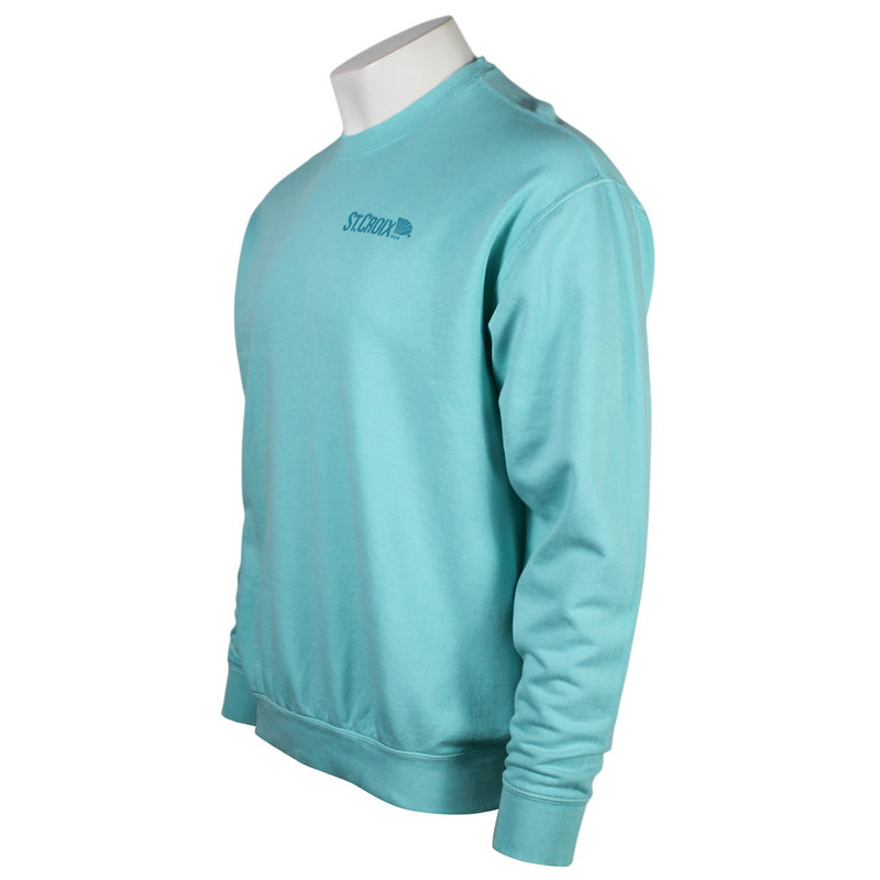 A light turquoise crewneck sweatshirt displayed on a white mannequin torso against a plain white background. The brand name is printed in dark blue on the left chest.