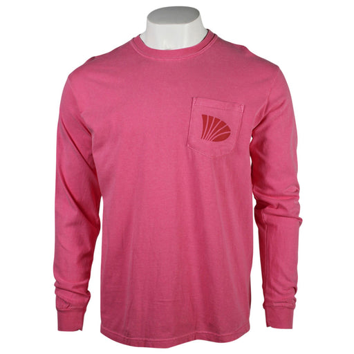A hot pink long-sleeve crewneck t-shirt displayed on a white mannequin torso. The shirt features a left chest pocket with a tonal red geometric fan-like logo.
