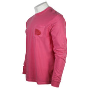 A dark pink long-sleeve crewneck t-shirt with a left chest pocket containing a red logo.