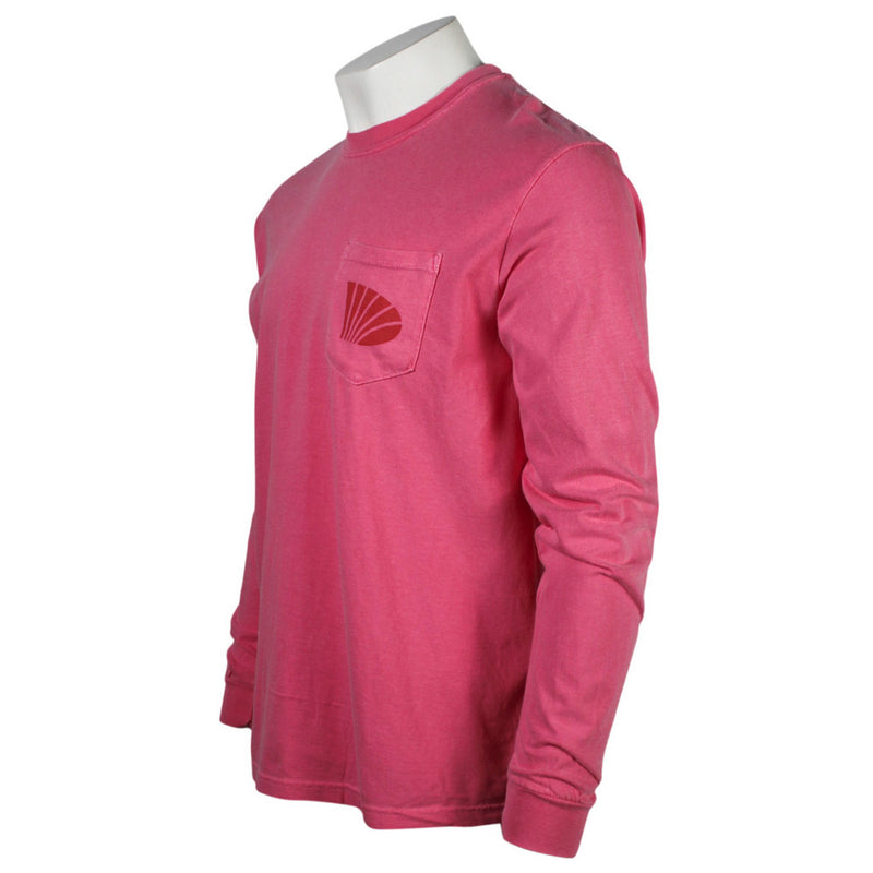 A dark pink long-sleeve crewneck t-shirt with a left chest pocket containing a red logo.