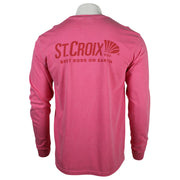 A hot pink long-sleeve t-shirt shown from the back on a mannequin torso, featuring a dark red graphic print of 'ST. CROIX RODS' and the slogan 'BEST RODS ON EARTH' on the upper back.